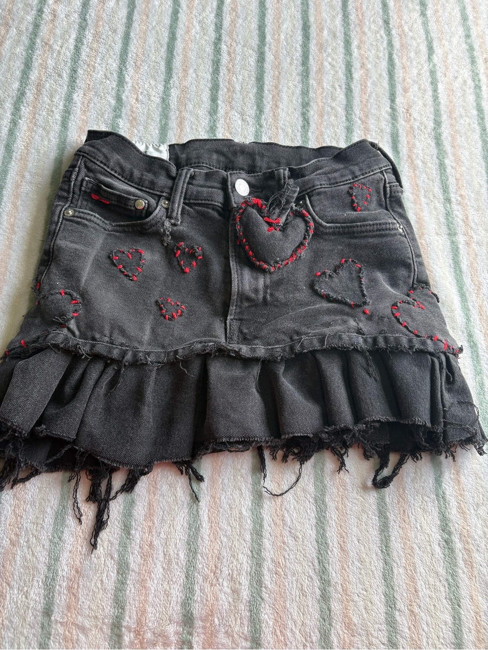 H&M Black Denim Mini Skirt with Red Heart Stitching